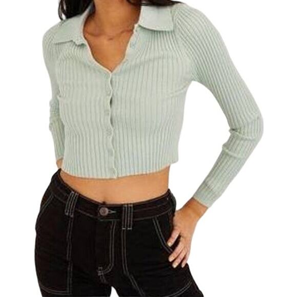 Urban Outfitters Skylar Ribbed Button-front Cropped Sweater Top Collar Green XS - Picture 1 of 5
